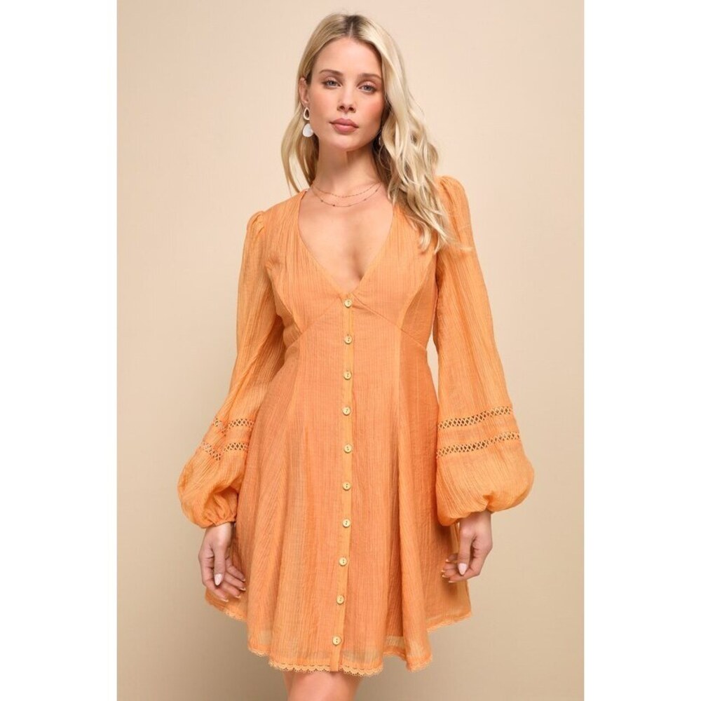Lulus Strolling Sweetie Orange Crochet Button-front Mini Dress - Size XS